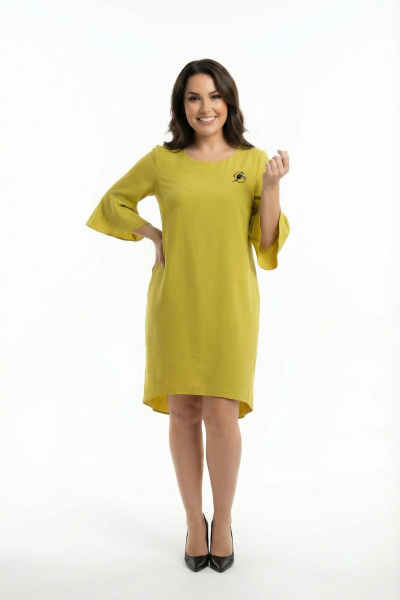 Вискозно-льняное платье с нагрудными вытачками и воланом Swallow 680 оливково-горчичный - фото 1