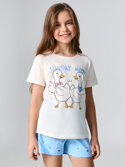 Футболка, шорты Mark Formelle 567727/25-39552ПП-0 молочный_цветы_на_голубой_полоске_3_сл_на_пол - фото 1