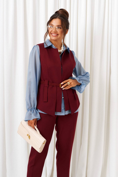 Блуза, брюки, жилет Beautiful&Free 6440 марсала-голубой - фото 4