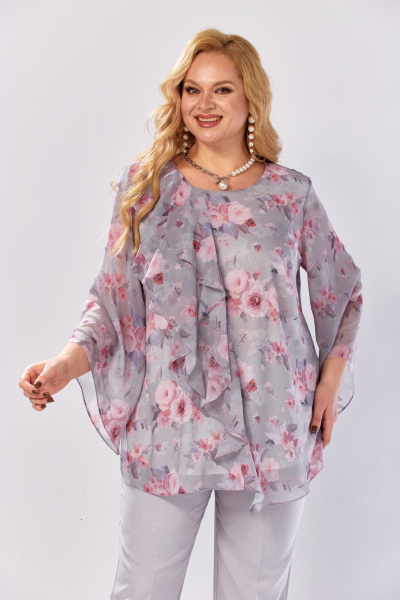 Блуза, брюки Элль-стиль 2460 серый_розовый_принт - фото 12