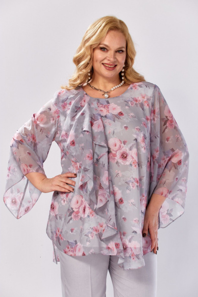 Блуза, брюки Элль-стиль 2460 серый_розовый_принт - фото 6