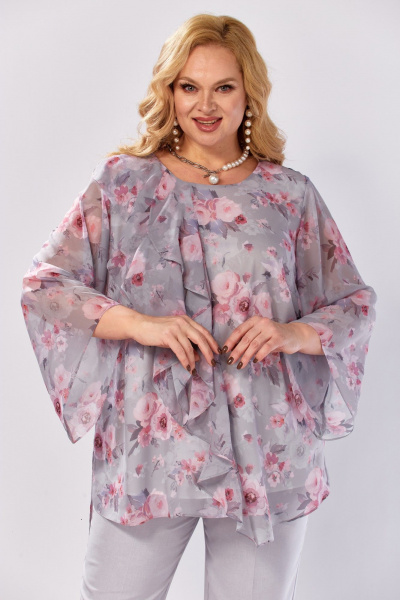 Блуза, брюки Элль-стиль 2460 серый_розовый_принт - фото 5