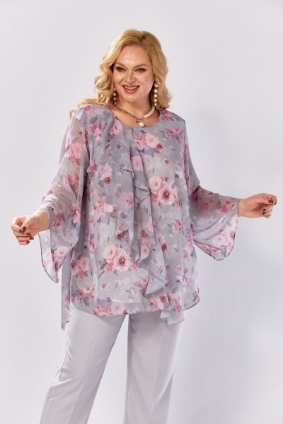 Блуза, брюки Элль-стиль 2460 серый_розовый_принт - фото 4