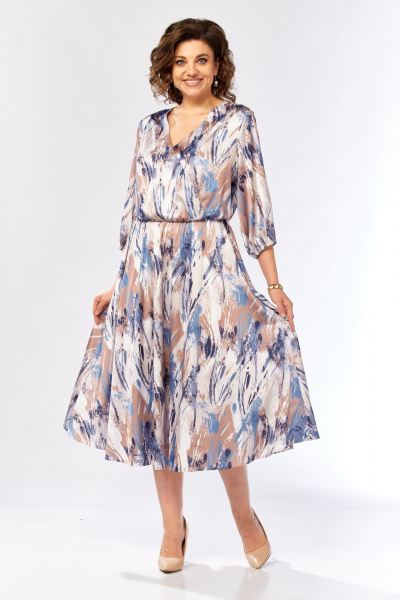 Платье Элль-стиль 2462 бежево-голубой_принт - фото 3