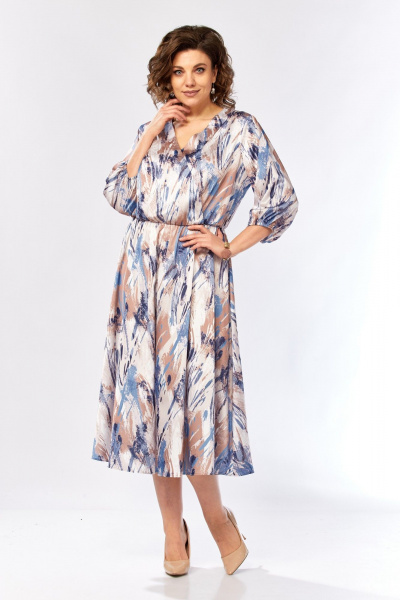 Платье Элль-стиль 2462 бежево-голубой_принт - фото 2