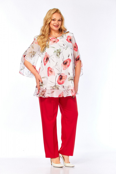 Блуза, брюки Элль-стиль 2213/13 красный_белый_принт_маки - фото 1
