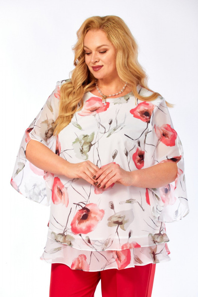 Блуза, брюки Элль-стиль 2213/13 красный_белый_принт_маки - фото 11