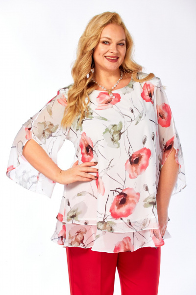 Блуза, брюки Элль-стиль 2213/13 красный_белый_принт_маки - фото 9
