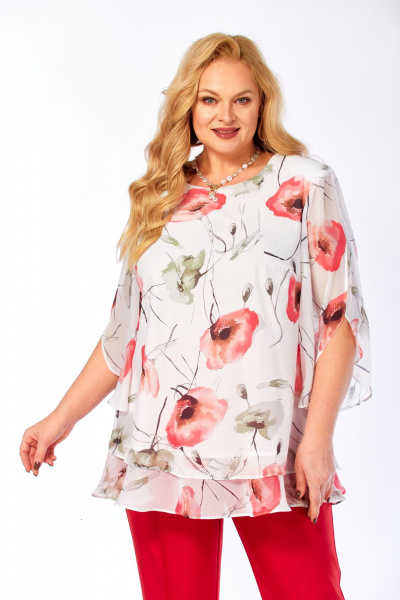 Блуза, брюки Элль-стиль 2213/13 красный_белый_принт_маки - фото 6