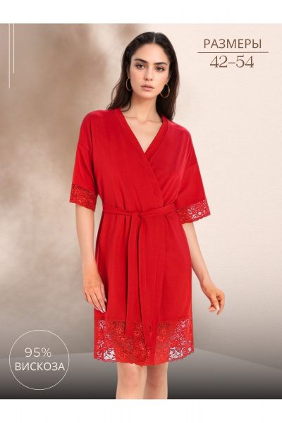 Пеньюар миди с кружевной отделкой и запахом для дома Teyli 2901/170,176 красный - фото 1