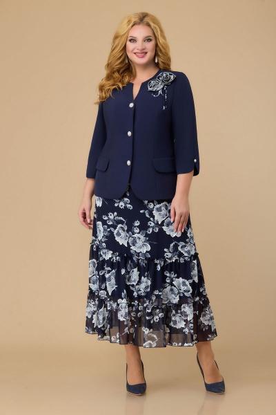 Жакет, юбка Svetlana-Style 1702 синий+цветы - фото 1