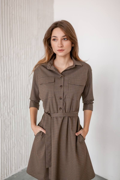 Платье KRASA - Danaida 154-21 мини_коричнево-песочная_мелкая_клетка - фото 1
