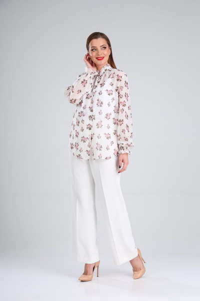 Блуза Lady Line 503 белый+розовые_цветы - фото 1