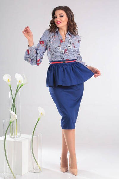 Блуза, юбка Мода Юрс 2412 голубой_в_цветы+синий - фото 2