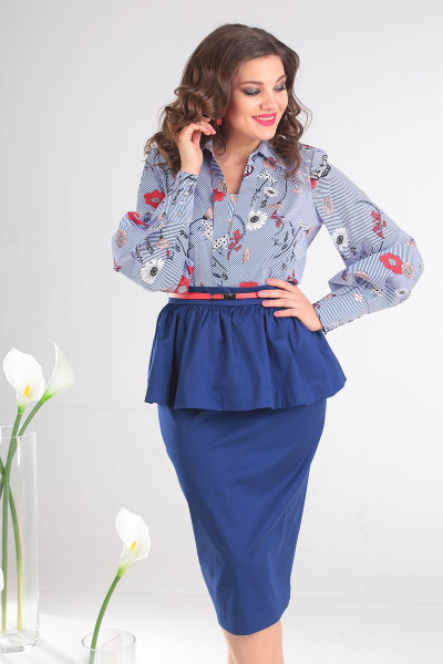 Блуза, юбка Мода Юрс 2412 голубой_в_цветы+синий - фото 1