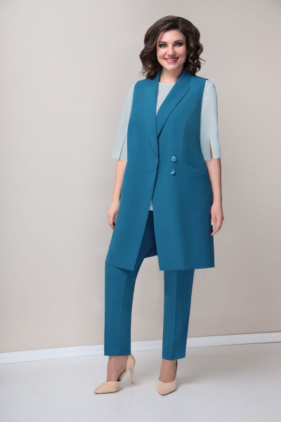 Блуза, брюки, жилет VOLNA 1235 бирюзово-голубой,блуза-светло-бирюзовый - фото 1
