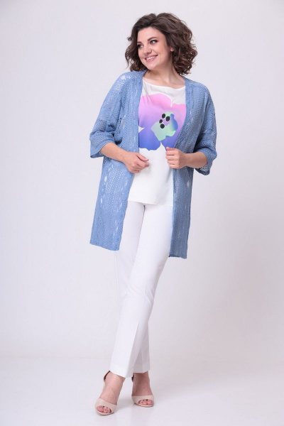 Блуза, брюки, кардиган LadisLine 1455 белый+голубой - фото 1