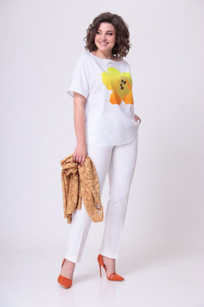 Блуза, брюки, кардиган LadisLine 1455 белый+горчица - фото 2