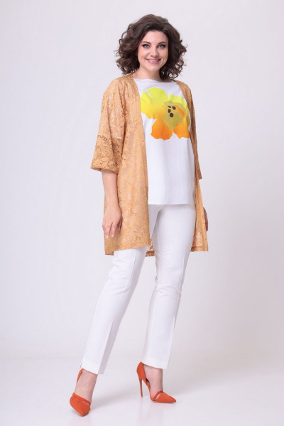 Блуза, брюки, кардиган LadisLine 1455 белый+горчица - фото 1