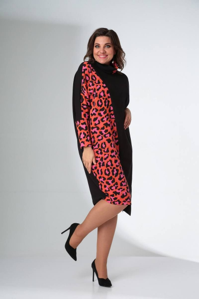 Платье LadisLine 1422 розовый_леопард+черный - фото 4