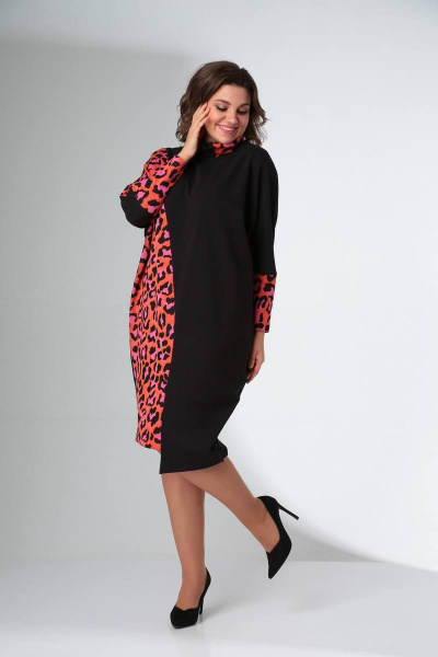 Платье LadisLine 1422 розовый_леопард+черный - фото 3
