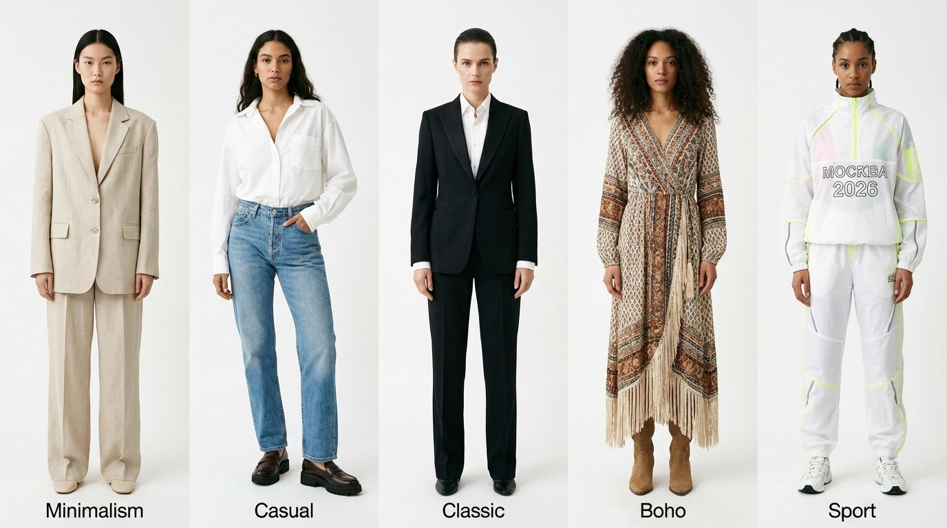 Современные стили одежды 2026 Москва женщины коллаж минимализм кэжуал классика бохо спортивный