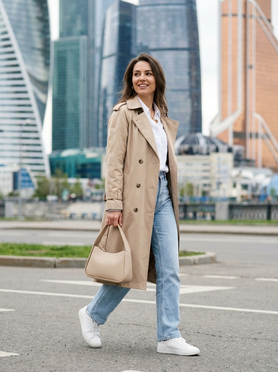Образ в стиле smart casual для московской весны 2026: тренч, белая рубашка, джинсы и кроссовки