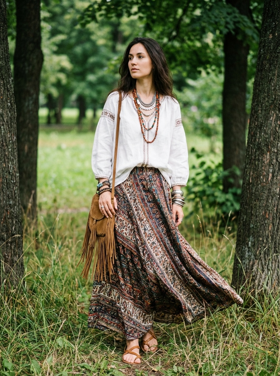 Бохо образ 2026: летящая юбка с принтом, льняная блуза и многослойные украшения — московский богемный шик