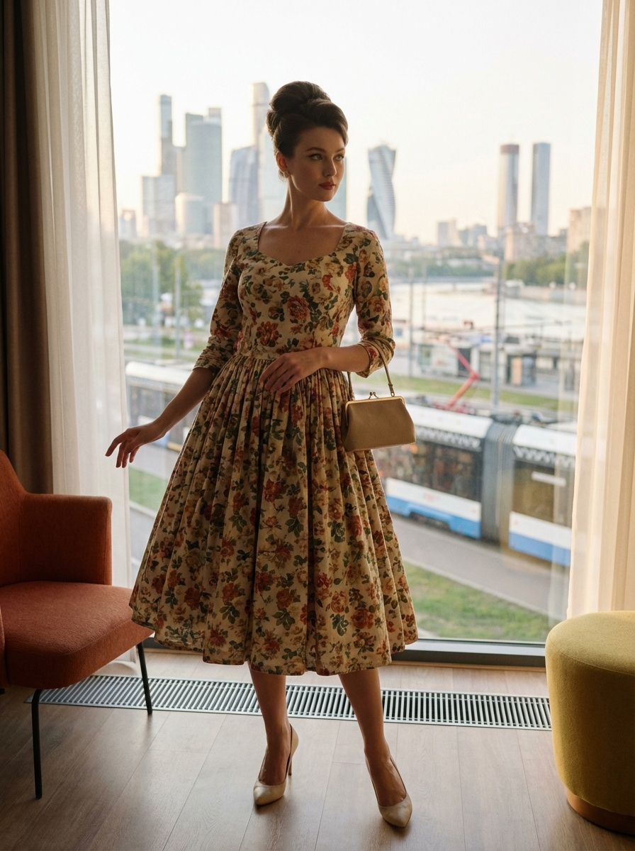 Винтажный образ в стиле 1950-х: приталенное платье с пышной юбкой и ретро-укладка, Москва 2026