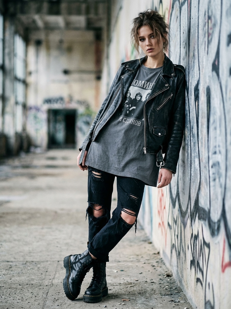 Гранж образ 2026 в Москве: рваные джинсы, косуха и грубые ботинки Dr.Martens