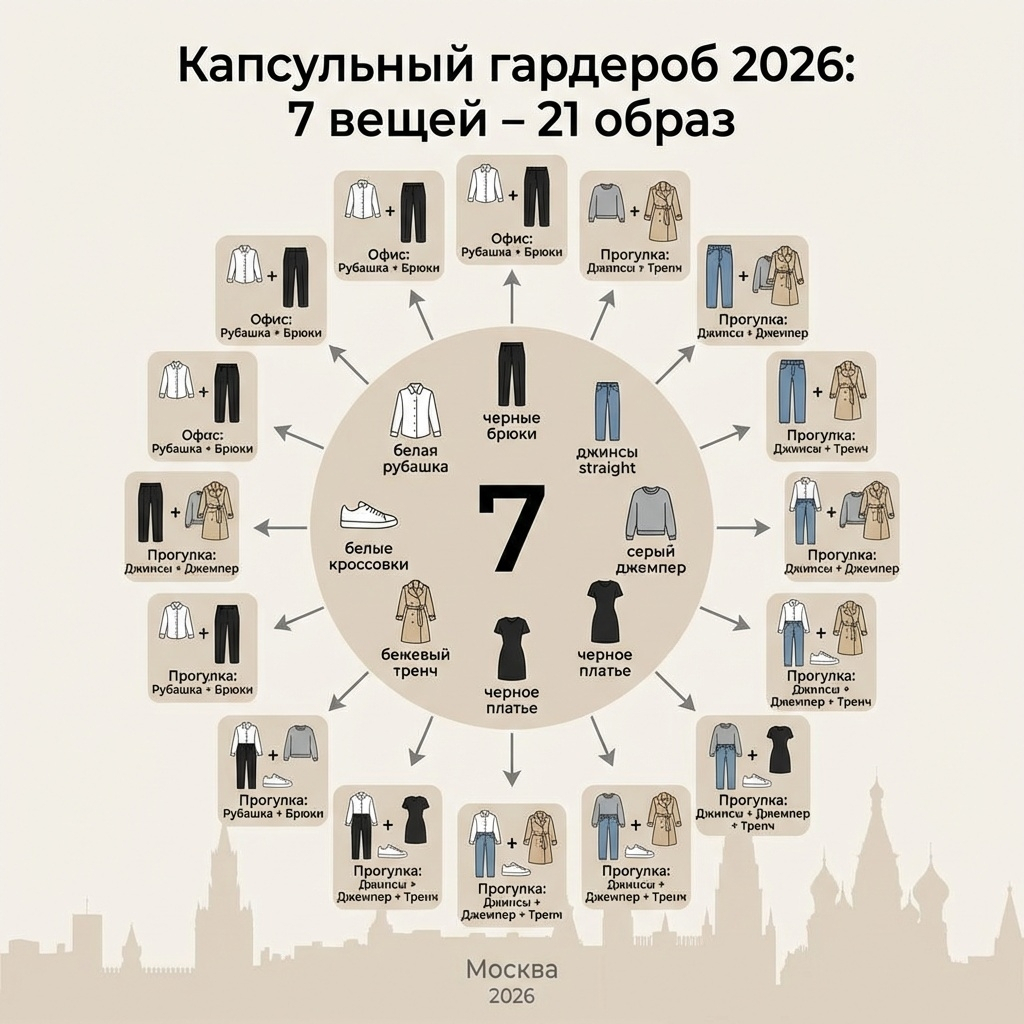 Капсульный гардероб 2026: 7 базовых вещей создают 21 стильный образ для московской женщины