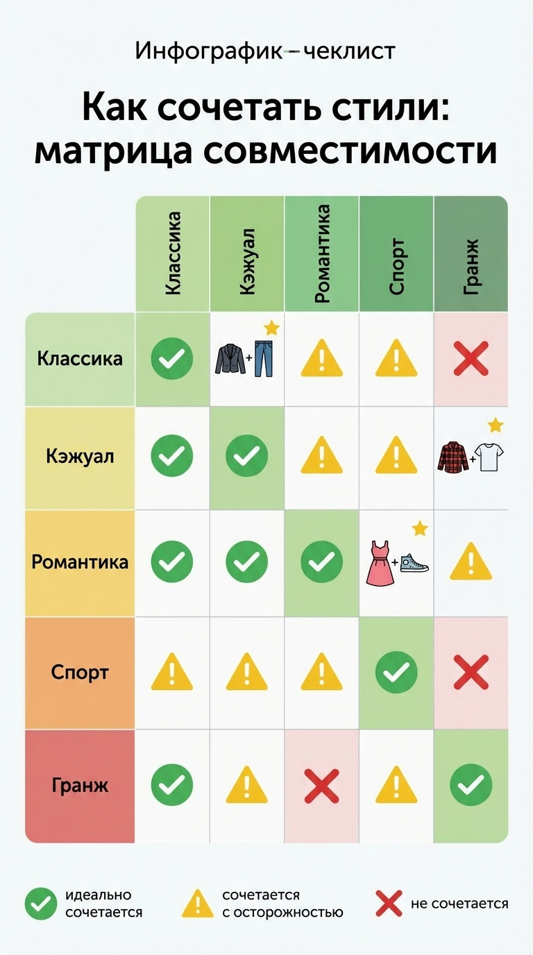 Матрица совместимости стилей одежды 2026: какие стили гармонично сочетаются в одном образе