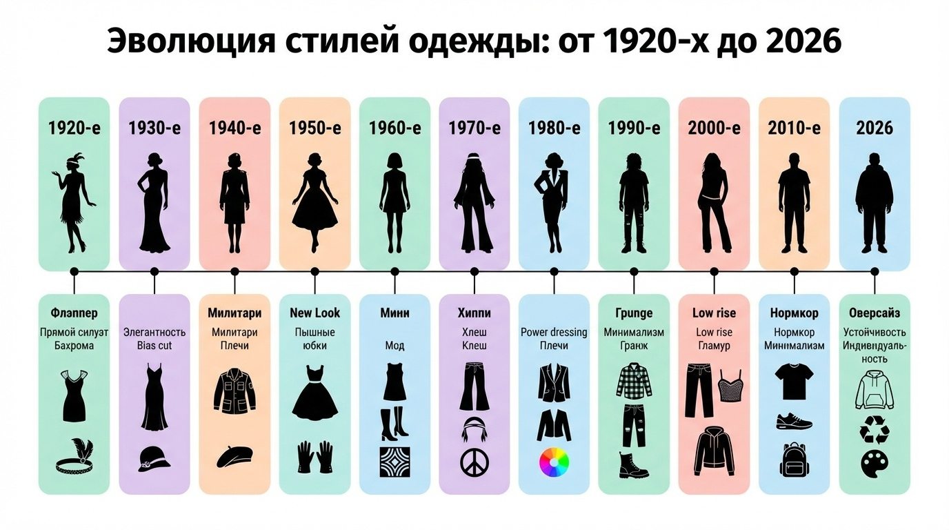 Эволюция женской моды с 1920-х до 2026: как менялись силуэты, стили и идеалы красоты за сто лет