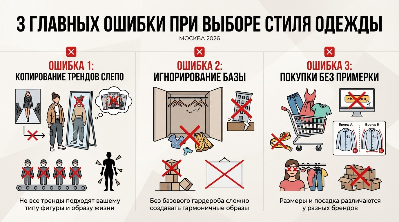 3 распространённых ошибки при выборе стиля одежды в 2026: копирование трендов, игнорирование базы, покупки без примерки