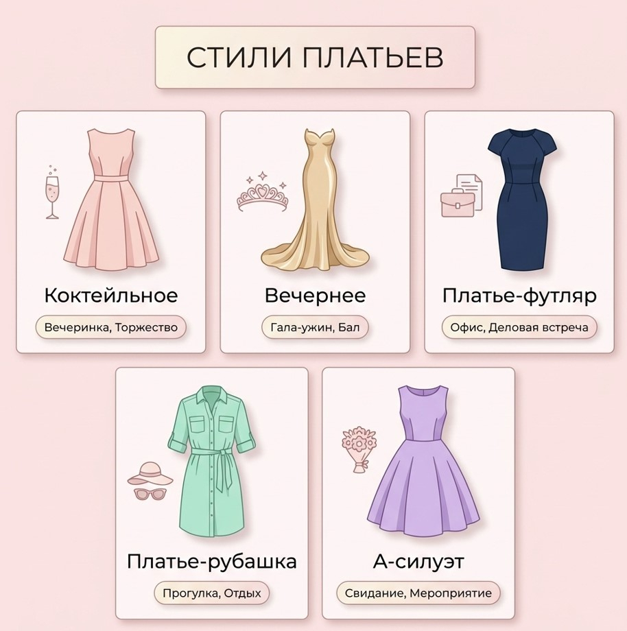 Пять ключевых стилей платьев: от коктейльного до вечернего — найдите свой идеальный фасон