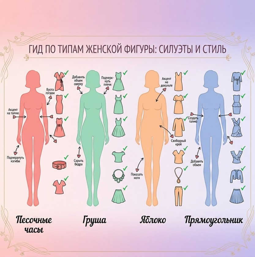 Инфографика подбора платья по типу фигуры: песочные часы, груша, яблоко, прямоугольник