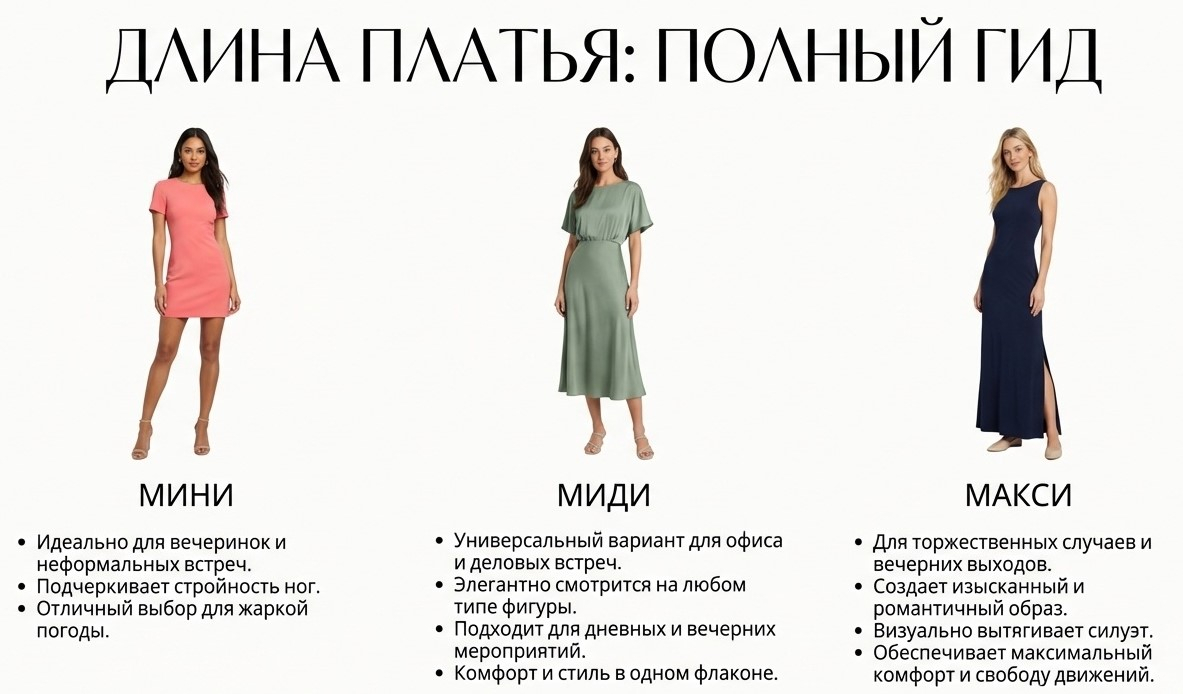 Инфографика классификации платьев по длине: мини, миди и макси