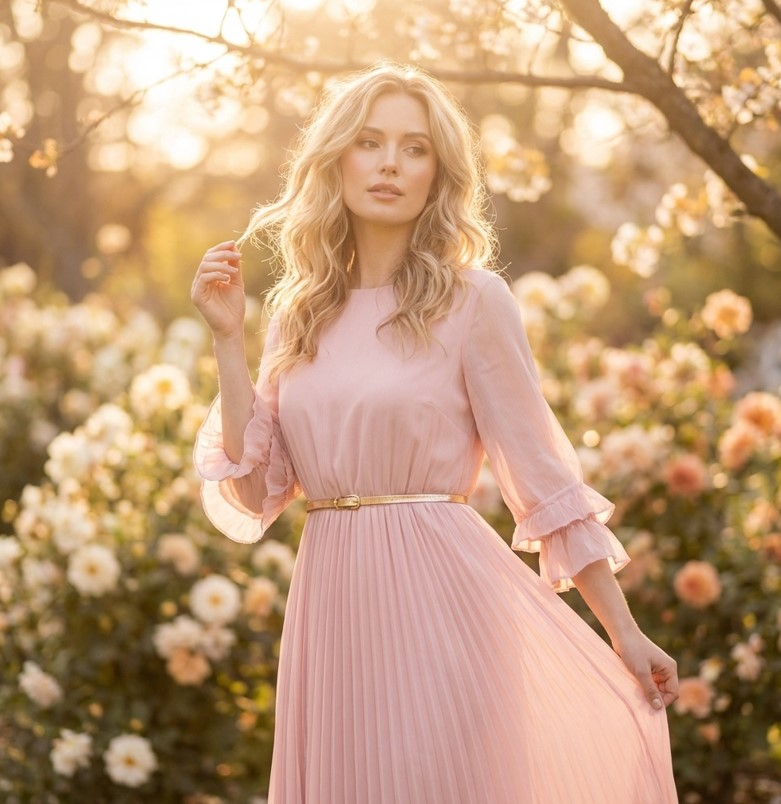 Девушка в нежном розовом платье миди с плиссированной юбкой и воланами