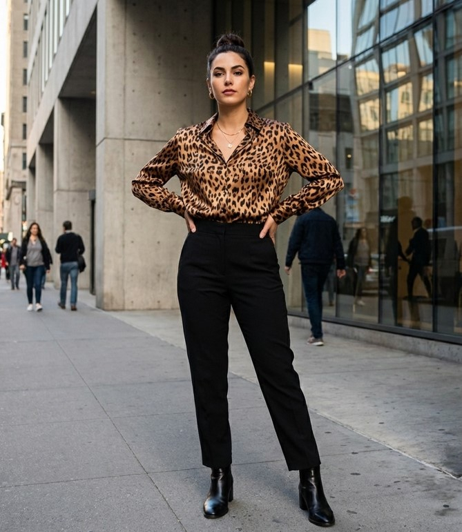Женщина в леопардовой шелковой блузе с черными брюками и кожаными ботинками