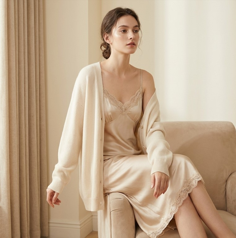 Девушка в шелковом платье-комбинации цвета шампанского с объемным кашемировым кардиганом