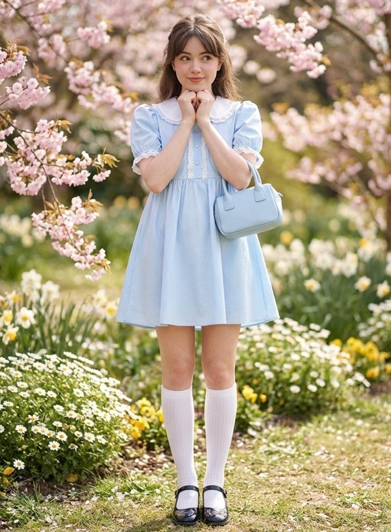 Девушка в голубом платье А-силуэта с воротником Питер Пэн и туфлями Мэри Джейн