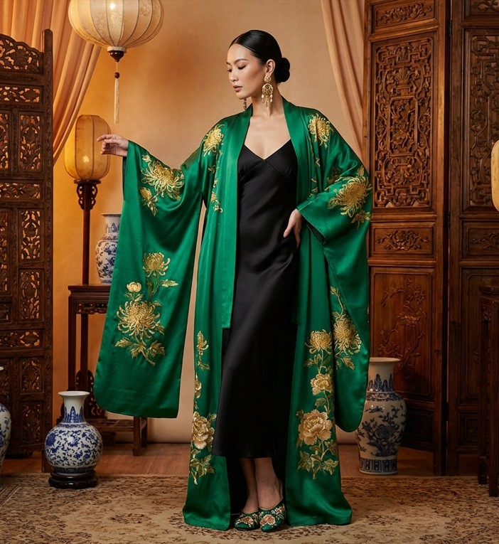 Женщина в изумрудном шелковом кимоно с золотой вышивкой поверх черного платья