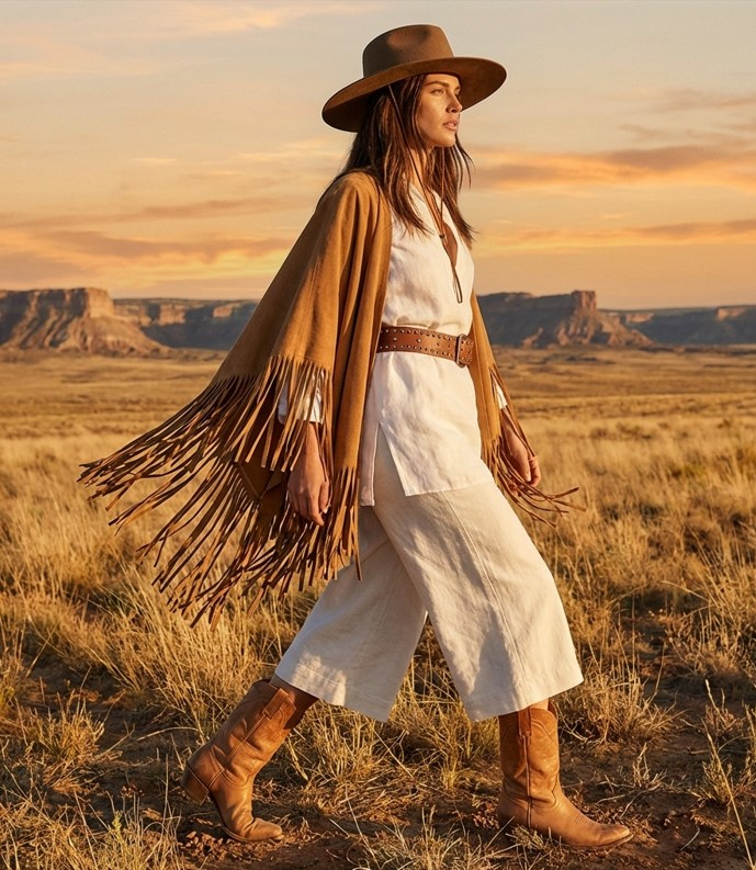 Женщина в замшевом пончо с бахромой, укороченных брюках-кюлотах и ковбойских сапогах