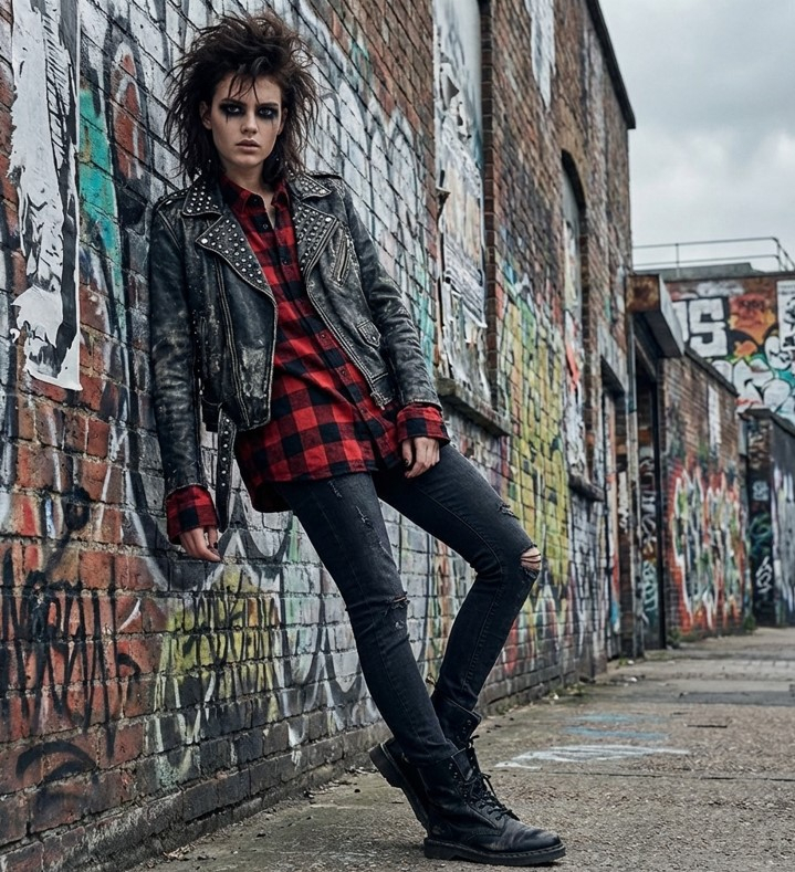 Девушка в черной кожаной куртке с клетчатой рубашкой, рваных джинсах и грубых ботинках