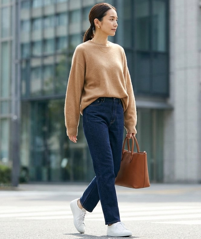 Женщина в кашемировом свитере цвета кэмел с джинсами и белыми кожаными кроссовками