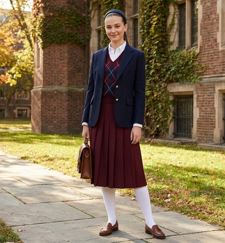 Девушка в синем блейзере, белой рубашке, бордовой плиссированной юбке и жилете аргайл