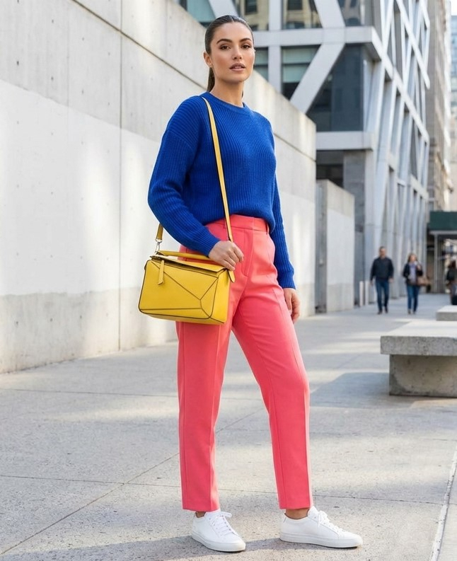 Женщина в ярком образе колор-блок: синий свитер, коралловые брюки и желтая сумка