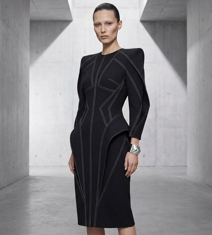 Женщина в черном платье с геометрическими швами и контрастной белой отстрочкой