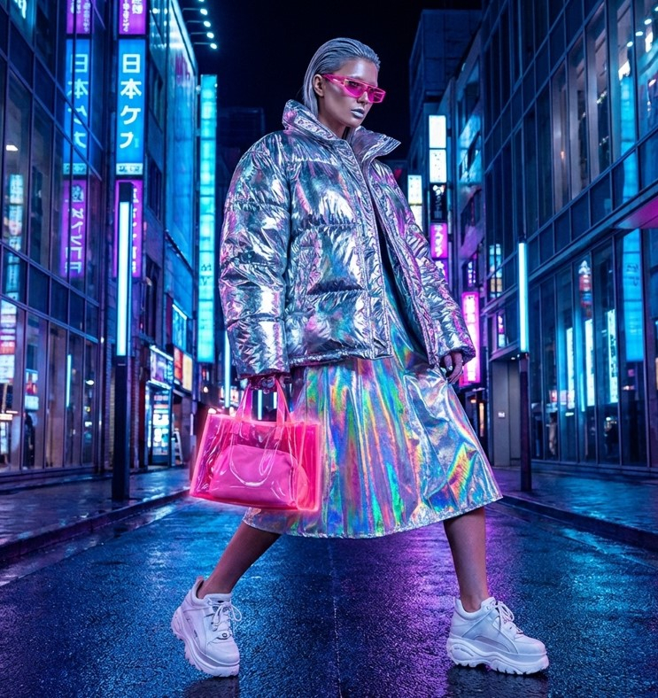 Девушка в металлическом серебристом пуховике оверсайз с голографической юбкой и футуристичными кроссовками