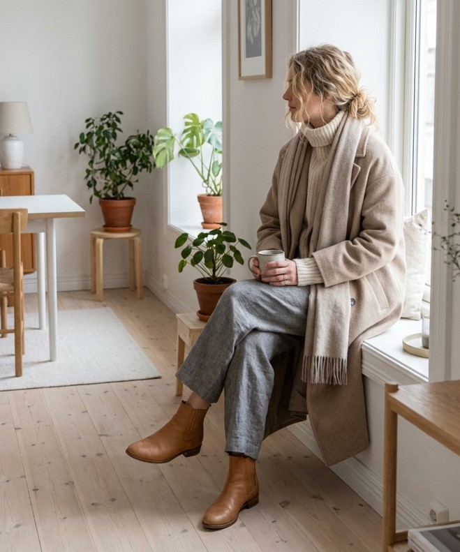 Женщина в бежевом шерстяном пальто оверсайз, кремовом свитере крупной вязки и серых льняных брюках